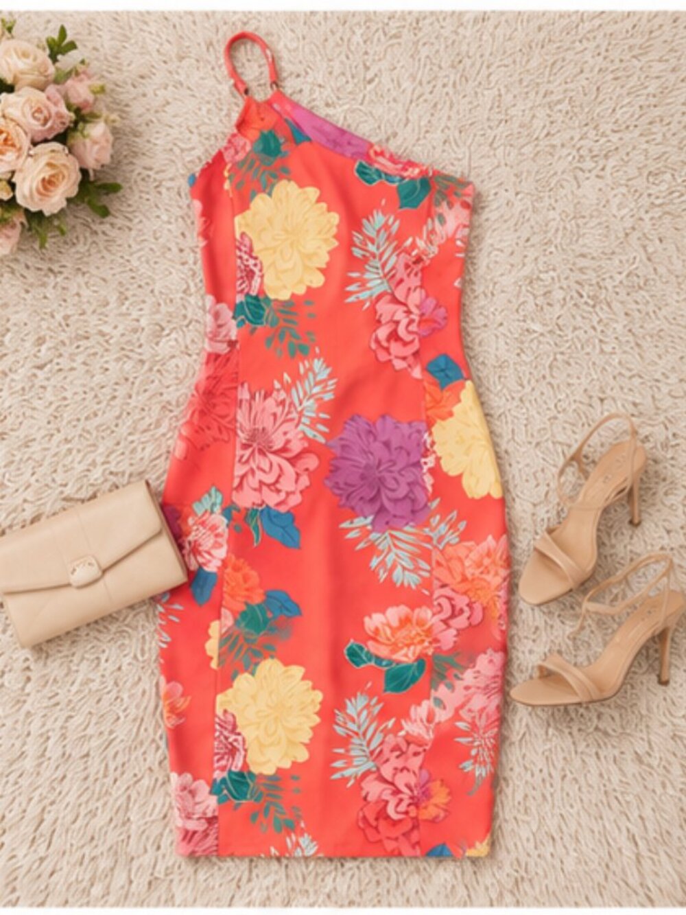 Guess Crystal Cove Floral One Shoulder Dress Size 16 NWT Summer Garden Party